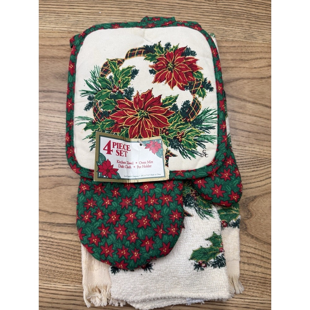 VTG Cecil Saydah Poinsettia Christmas Holiday Potholder‎ Dish Towel Set 4 Pc
